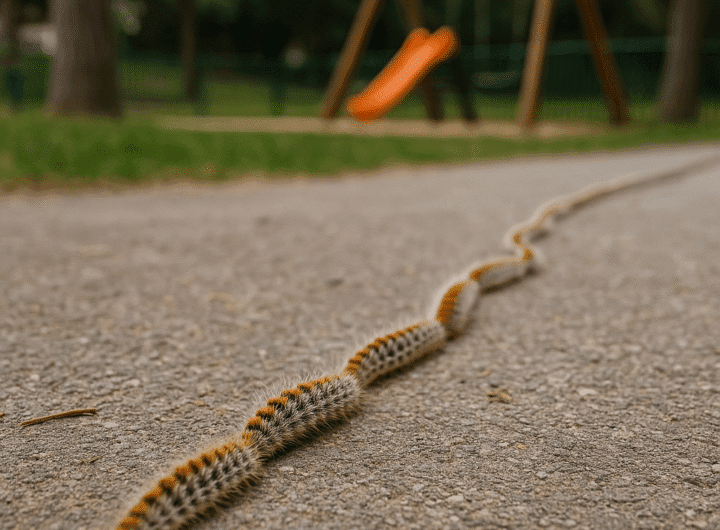 Orugas procesionarias desplazándose cerca de un centro escolar en el Garraf durante el episodio temprano de 2025.
