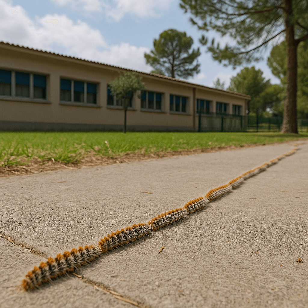 Orugas procesionarias desplazándose cerca de un centro escolar en el Garraf durante el episodio temprano de 2025.