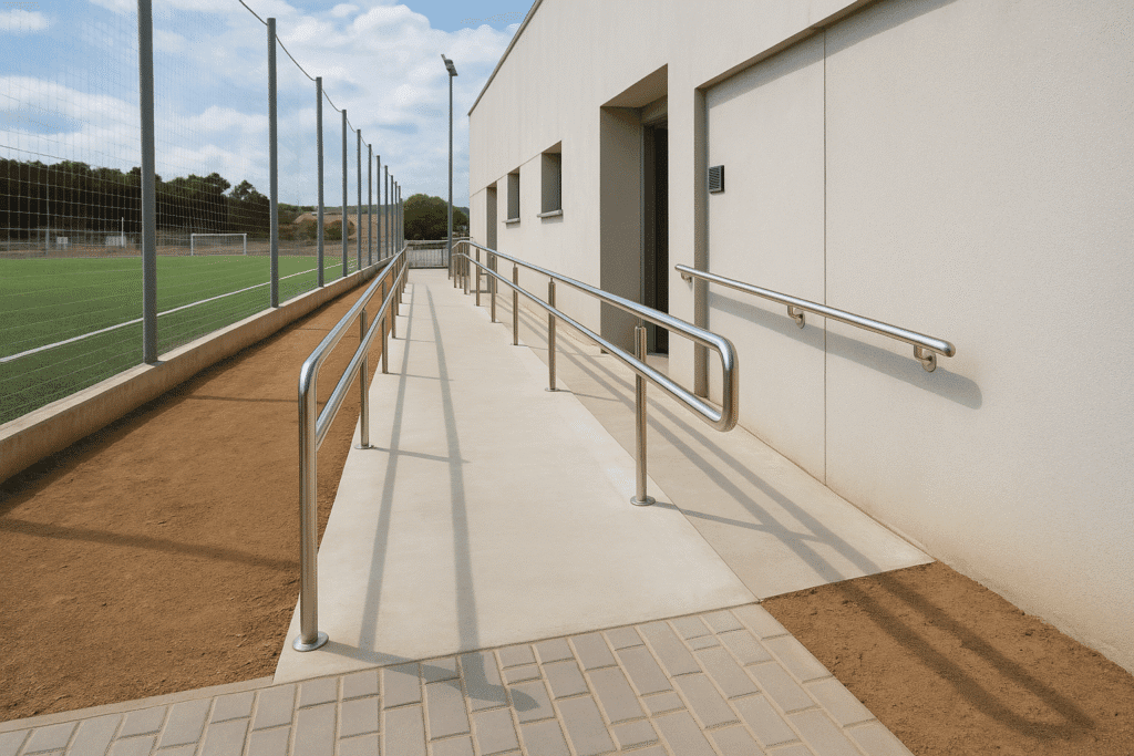 Rampa accesible con barandillas metálicas junto a los vestuarios reformados del campo de fútbol de Sant Pere de Ribes.