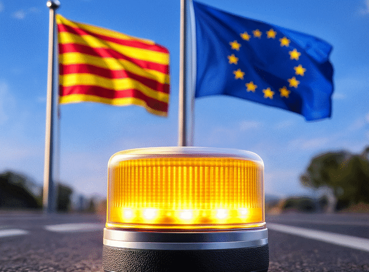 Baliza V16 encendida sobre el asfalto con las banderas de Cataluña y la Unión Europea ondeando al fondo.