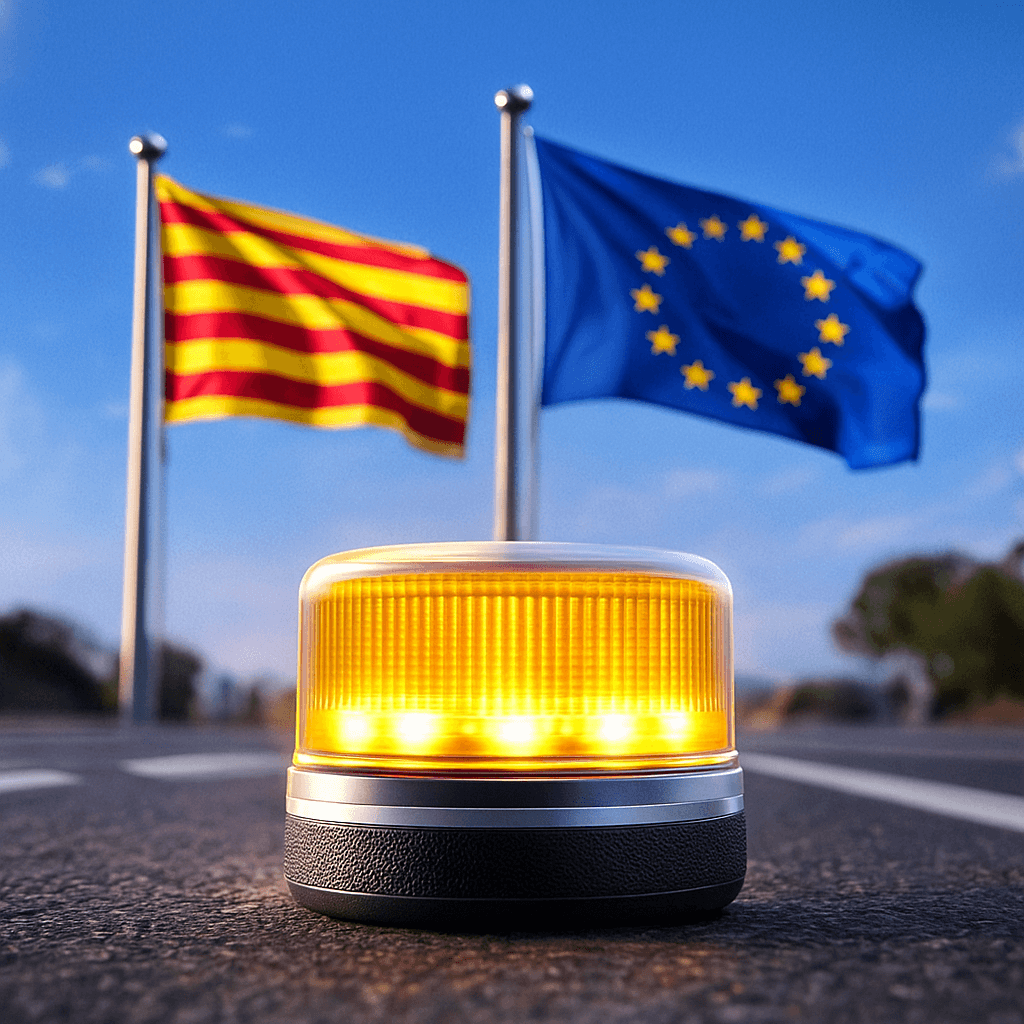 Baliza V16 encendida sobre el asfalto con las banderas de Cataluña y la Unión Europea ondeando al fondo.