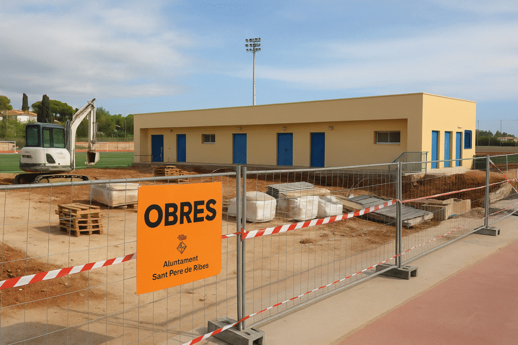 Interior de los nuevos vestuarios del campo de fútbol de Sant Pere de Ribes, con bancos y taquillas renovadas.