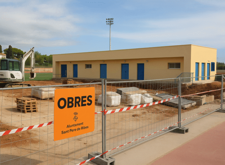 Interior de los nuevos vestuarios del campo de fútbol de Sant Pere de Ribes, con bancos y taquillas renovadas.