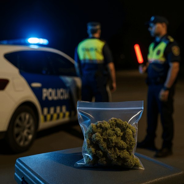 Agentes de la Policía Local inspeccionando un vehículo con marihuana durante un control nocturno en Cubelles