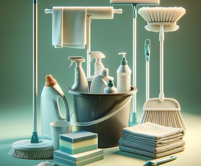 Trabajadores realizando labores de limpieza en un centro educativo, limpiando cristales y zonas comunes.