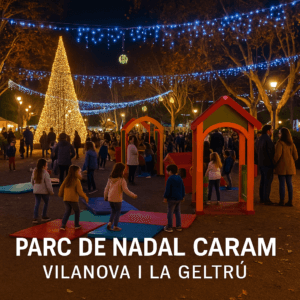 Zona decorada del Parc de Nadal CARAM en Vilanova i la Geltrú con familias disfrutando de actividades navideñas