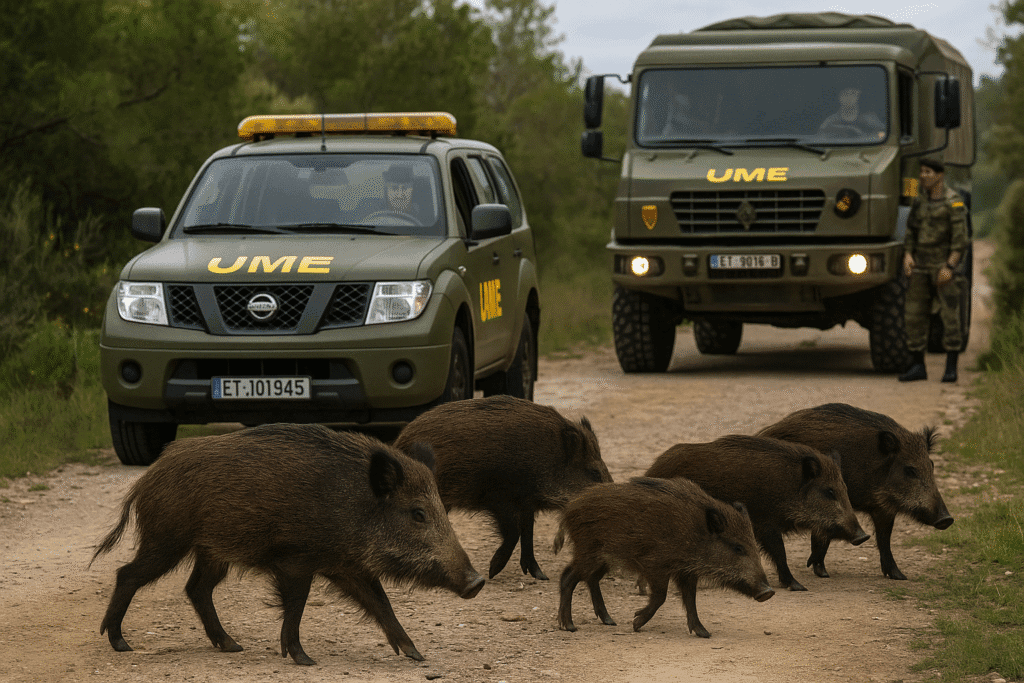 Vehículos de la UME detenidos mientras varios jabalíes cruzan un camino forestal en el Parc del Garraf.